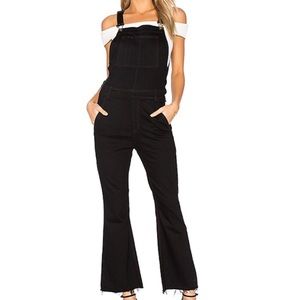 Rag & Bone black denim crop flare overalls raw hem